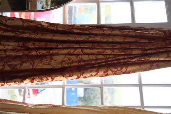 Two pairs of Zoffany bronze / gold silk with deep red foliate pattern curtains,